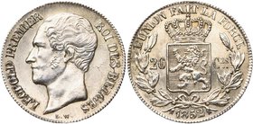 BELGIQUE, Royaume, Léopold Ier (1831-1865), AR 20 centimes, 1852. L.W. avec points. Bogaert 523A.

Fleur de Coin / Uncirculated