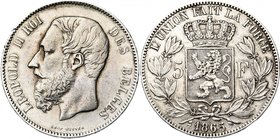 BELGIQUE, Royaume, Léopold II (1865-1909), AR 5 francs, 1865. Dupriez 968. Nettoyé.

presque Très Beau / about Very Fine
