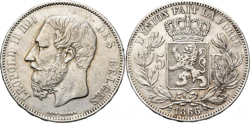 BELGIQUE, Royaume, Léopold II (1865-1909), AR 5 francs, 1866. F. avec point. Bog...