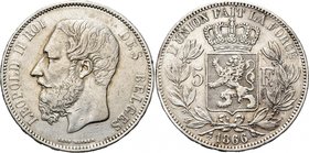 BELGIQUE, Royaume, Léopold II (1865-1909), AR 5 francs, 1866. F. avec point. Bogaert 1005B. Rare Nettoyé.

Très Beau / Very Fine