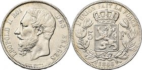 BELGIQUE, Royaume, Léopold II (1865-1909), AR 5 francs, 1866. F sans point. Bogaert 1005A. Rare Nettoyé.

Beau à Très Beau / Fine - Very Fine