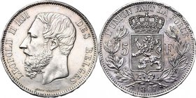 BELGIQUE, Royaume, Léopold II (1865-1909), AR 5 francs, 1867. F. avec point. Bogaert 1074B. Nettoyé.

Très Beau à Superbe / Very Fine - Extremely Fi...