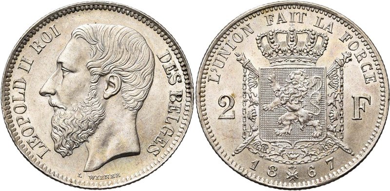 BELGIQUE, Royaume, Léopold II (1865-1909), AR 2 francs, 1867. Avec croix sur la ...