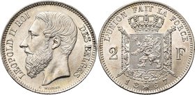 BELGIQUE, Royaume, Léopold II (1865-1909), AR 2 francs, 1867. Avec croix sur la couronne. Bogaert 1079A.

Superbe à Fleur de Coin / Extremely Fine -...