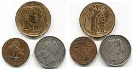BELGIQUE, Royaume, lot de 3 p.: Léopold Ier, 5 centimes 1842 (nettoyé); 10 centimes, 1853 (Cu argenté, coups sur la tranche); Léopold II, 10 centimes ...