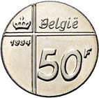 BELGIQUE, Royaume, Albert II (1993-2013), 50 frank, 1994NL. Essai uniface en nickel du revers de Gastmans. Tranche cannelée. Grispen 3780. Très rare....