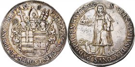 ALLEMAGNE, PADERBORN, Evêché, Ferdinand II von Fürstenberg (1661-1683), AR Taler, 1663. D/ Ecu de l''évêque surmonté de trois heaumes. R/ Saint Meinol...