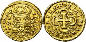 ESPAGNE, Philippe V (1700-1746), AV 4 escudos, 1705P, Séville. D/ Ecu couronné entre deux rosettes. R/ Croix potencée dans un quadrilobe orné de trèfl...