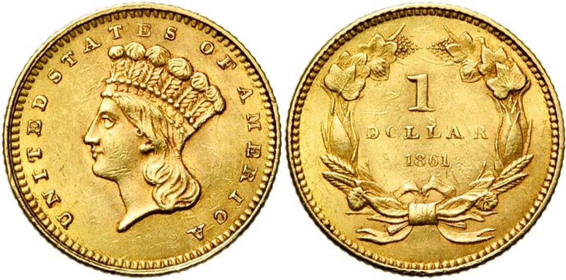 ETATS-UNIS, AV 1 dollar, 1861. Large Liberty head. Fr. 94. Petites griffes.

T...