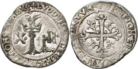 FRANCE, Royaume, Louis XII (1498-1515), billon dizain Ludovicus, s.d. (1512), point 12e, Lyon. D/ Grand L oncial couronné, entre X-II. R/ Croix ornée,...