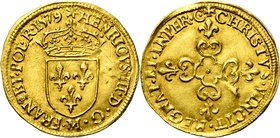 FRANCE, Royaume, Henri III (1574-1589), AV écu d''or au soleil, 1579M, Toulouse. D/ Ecu de France couronné, sous un soleil. La légende débutant en hau...