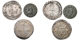 FRANCE, Royaume, La Ligue (1589-1596), lot de 3 p.: demi-franc, 1590M, au nom d''Henri III; double tournois, s.d., Paris, au nom d''Henri III (Très Be...