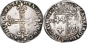 FRANCE, Royaume, Henri IV (1589-1610), AR quart d''écu de Navarre, 1597, Saint-Palais. D/ Croix fleurdelisée. R/ Ecu couronné, parti de France-Navarre...