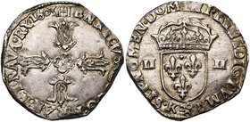 FRANCE, Royaume, Henri IV (1589-1610), AR quart d''écu, 1603K, Bordeaux. 2e type. D/ Croix feuillue. R/ Ecu de France couronné, entre II-II. Dupl. 122...