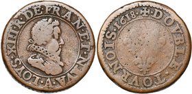 FRANCE, Royaume, Louis XIII (1610-1643), Cu piéfort du double tournois, 1618A, Paris. 2e type. D/ B. enfantin à d., l. et cuir., au col fraisé. R/ Tro...