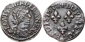 FRANCE, Royaume, Louis XIII (1610-1643), AR double tournois, 1638E, Tours. D/ Grand b. viril à d., l., dr. et cuir. à l''antique. R/ Trois lis dans le...