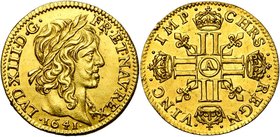 FRANCE, Royaume, Louis XIII (1610-1643), AV demi-louis d''or à la mèche longue, 1641A, Paris. D/ T. l. à d. R/ Croix formée de huit L couronnés, canto...