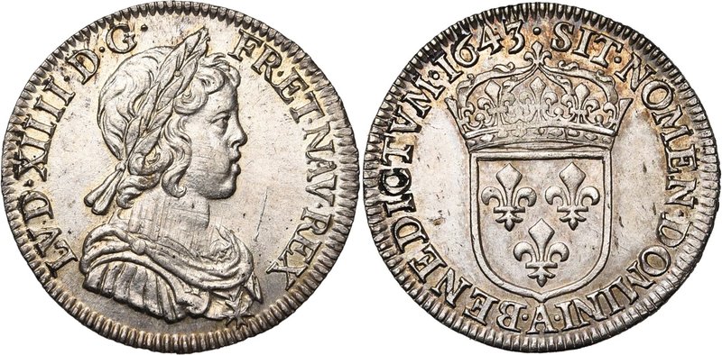 FRANCE, Royaume, Louis XIV (1643-1715), AR quart d''écu à la mèche courte, 1643A...