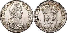 FRANCE, Royaume, Louis XIV (1643-1715), AR quart d''écu à la mèche courte, 1643A, Paris. Point initial. D/ B. enfantin, l., dr. et cuir. à d. R/ Ecu d...