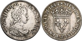 FRANCE, Royaume, Louis XIV (1643-1715), AR quart d''écu à la mèche courte, 1644A, Paris. Rosette initiale. D/ B. enfantin, l., dr. et cuir. à d. R/ Ec...