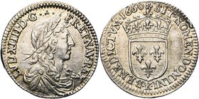FRANCE, Royaume, Louis XIV (1643-1715), AR douzième d''écu au buste juvénile, 1660K, Bordeaux. D/ B. à d., les cheveux longs, l., dr. et cuir. R/ Ecu ...