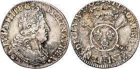 FRANCE, Royaume, Louis XIV (1643-1715), AR quart d''écu aux insignes, 1702A, Paris. 3e réformation. Buste du type aux palmes. D/ B. à d., cuirassé à l...