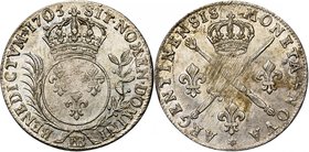 FRANCE, Royaume, Louis XIV (1643-1715), AR 33 sols de Strasbourg aux insignes, 1705BB. D/ Main de justice et glaive posés en sautoir entre trois lis e...
