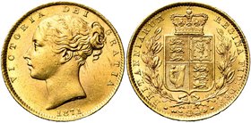 GRANDE-BRETAGNE, Victoria (1837-1901), AV souverain à l''écu, 1871. WW en relief. S. 3853B; Fr. 387i. Coin nr. 27.

Superbe / Extremely Fine