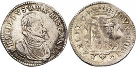 ITALIE, MILAN, Philippe II d''Espagne (1554-1598), AR scudo d''argento, 1594. D/ B. cuir. à d. R/ Ecu couronné, dans un cartouche orné. Crippa 17/B; D...