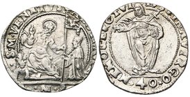 ITALIE, VENISE, Alvise Mocenigo Ier (1570-1577), AR 40 soldi (2 lire), s.d. (1572-1573). 2e type. Sigle MS (Marin Sanudo). D/ Saint Marc assis de f. s...