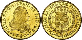 MEXIQUE, Philippe V (1700-1746), AV 8 escudos, 1740MF (sur 1730), Mexico. D/ B. cuir. à d. R/ Ecu couronné, entouré du collier de la Toison d''or. C.C...
