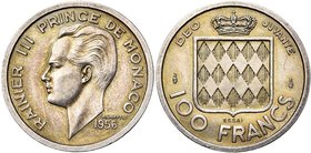 MONACO, Rainier III (1949-2005), 100 francs, 1956, Paris. Essai piéfort en argent (14 g). Seulement 20 p. frappées. Gad. MC143. Extrêmement rare Fines...