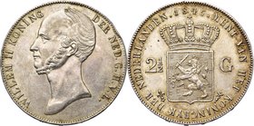 NEDERLAND, Koninkrijk, Willem II (1840-1849), AR 2 1/2 gulden, 1845. Zonder streep tussen kroon en wapenschild. Sch. 510; Dav. 235. Deuk aan de rand....