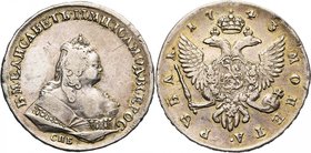 RUSSIE, Elisabeth (1741-1761), AR rouble, 1743, Saint-Pétersbourg. D/ B. à d. R/ Aigle impériale couronnée. Bitkin 255; Uzd. 778; Dav. 1677. 25,67g.
...