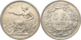 SUISSE, Confédération helvétique, AR 5 francs, 1874B., Bruxelles. Divo 47; Dav. 376.

Très Beau / Very Fine