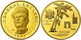 TCHAD, République (1960-), AV 5000 francs, 1941 (1970). Général Leclerc. 10e anniversaire de l''Indépendance. Fr. 3; K.M. 10. Rare Etui.

Flan poli ...