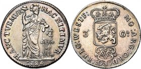 NEDERLANDS INDIE, Verenigde Oostindische Compagnie (1602-1799), AR 3 Gulden, 1789, Zeeland. Vz/ Nederlandse maagd met speer en vrijheidshoed. Kz/ Gekr...