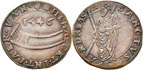 PAYS-BAS MERIDIONAUX, Cu méreau, 1546. Méreau de la corporation des brouetteurs (kruiers) d''Anvers. D/ GHEMAECKT· INT· IAER· VAN· Une brouette sous l...