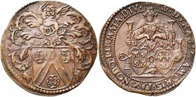 PAYS-BAS MERIDIONAUX, Cu jeton, s.d. (1680). Mariage de Charles II et Marie-Louise d''Orléans. D/ Ecu heaumé de Jean Heymans, trésorier de Bruxelles. ...