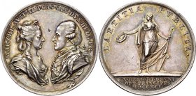 PAYS-BAS MERIDIONAUX, AR jeton, 1791, Th. van Berckel. Retour des archiducs dans les Pays-Bas. D/ B. en regard de Marie-Christine et Albert de Saxe-Te...