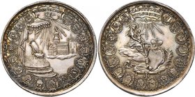 ALLEMAGNE, AR médaille, 1761, J. Thiébaud. Siège vacant de l''évêché de Hildesheim. D/ Le siège épiscopal vacant sous un dais, devant la cathédrale, e...