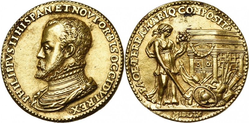 PAYS-BAS MERIDIONAUX, AE doré médaille, 1559, G. Poggini. La Paix du Cateau-Camb...