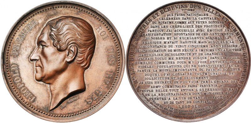 BELGIQUE, AE médaille, 1856, L. Wiener. 25e anniversaire de l''inauguration du r...