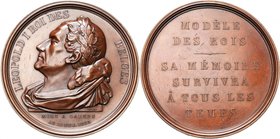 BELGIQUE, AE médaille, 1865, Jouvenel. Mort de Léopold Ier. D/ B. dr. et l. du roi à g., sur son lit de mort. R/ MODELE/ DES/ ROIS/ SA MEMOIRE/ SURVIV...