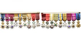 BELGIQUE, groupe de 9 miniatures avec ruban montées sur une barrette métallique: grand officier de l’Ordre de Léopold II, commandeur de l’Ordre de Léo...