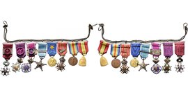 BELGIQUE, groupe de 8 miniatures avec ruban montées sur une chaînette, ayant appartenu à un vétéran colonial au Congo belge: commandeur de l’Ordre de ...