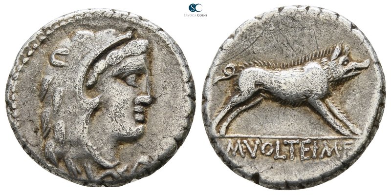 M. Volteius M. f. 75 BC. Rome
Denarius AR

17mm., 3,64g.

Head of young Her...