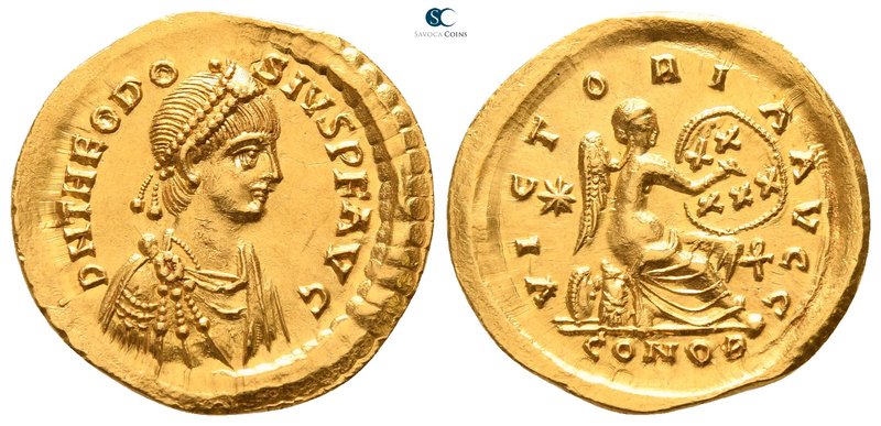 Theodosius II AD 402-450. Constantinople
Semissis AV

18mm., 2,26g.

D N TH...