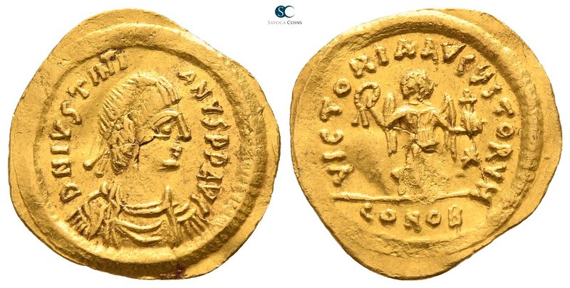 Justinian I AD 527-565. Constantinople
Tremissis AV

17mm., 1,48g.

D N IVS...