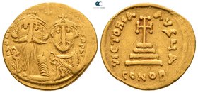 Heraclius with Heraclius Constantine AD 610-641. Struck AD 629-631. Constantinople. 1st officina. Solidus AV